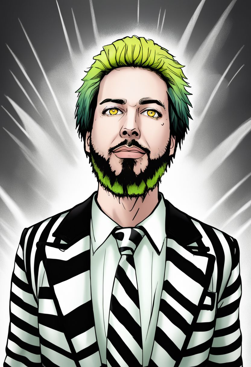 Duskfallcrew Art Style, masterpiece, official art, best quality, Alex Brightman as Beetlejuice, 1boy, male focus, solo, yellow eyes, green hair, ombre hair, beard, mustache, facial hair, black and white striped jacket, black jacket, striped jacket, white shirt, collared shirt, shirt, poltergeist vibes, prison clothes, necktie, upper teeth only, grimace, frustrated look, score_9_up, score_8_up, score_7_up, score_6_up, source_cartoon ,