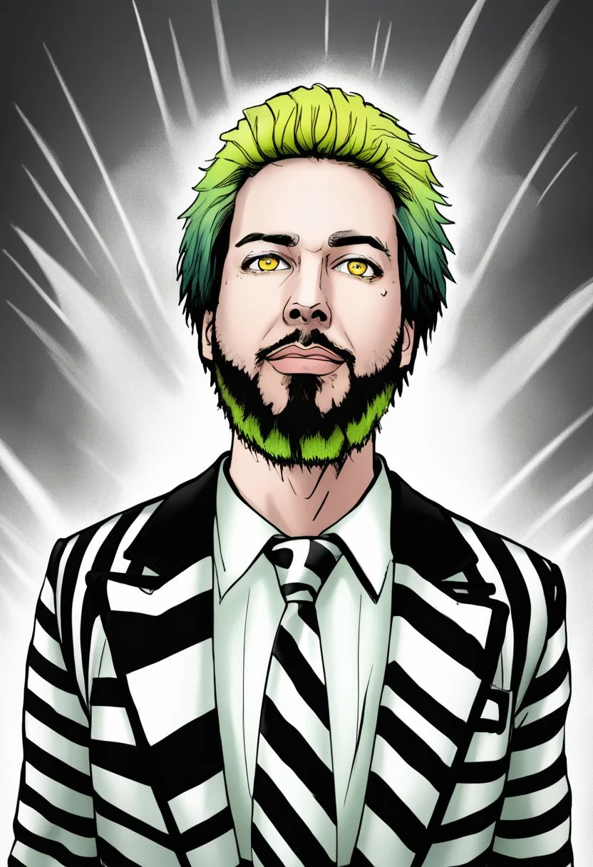 Duskfallcrew Art Style, masterpiece, official art, best quality, Alex Brightman as Beetlejuice, 1boy, male focus, solo, yellow eyes, green hair, ombre hair, beard, mustache, facial hair, black and white striped jacket, black jacket, striped jacket, white shirt, collared shirt, shirt, poltergeist vibes, prison clothes, necktie, upper teeth only, grimace, frustrated look, score_9_up, score_8_up, score_7_up, score_6_up, source_cartoon ,