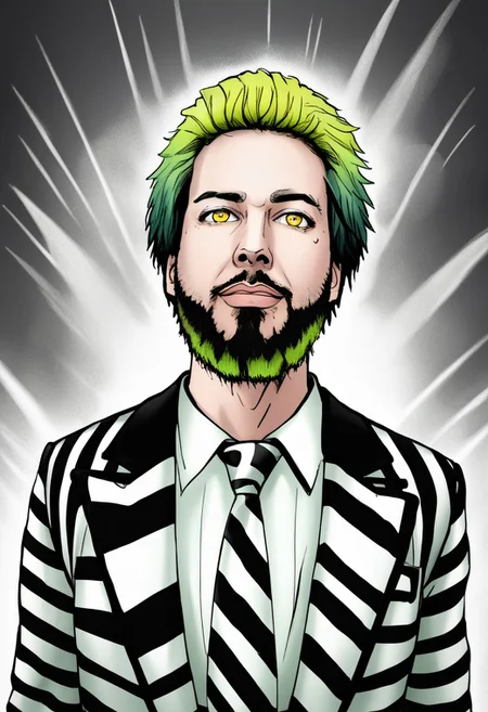 Duskfallcrew Art Style, masterpiece, official art, best quality, Alex Brightman as Beetlejuice, 1boy, male focus, solo, yellow eyes, green hair, ombre hair, beard, mustache, facial hair, black and white striped jacket, black jacket, striped jacket, white shirt, collared shirt, shirt, poltergeist vibes, prison clothes, necktie, upper teeth only, grimace, frustrated look, score_9_up, score_8_up, score_7_up, score_6_up, source_cartoon ,