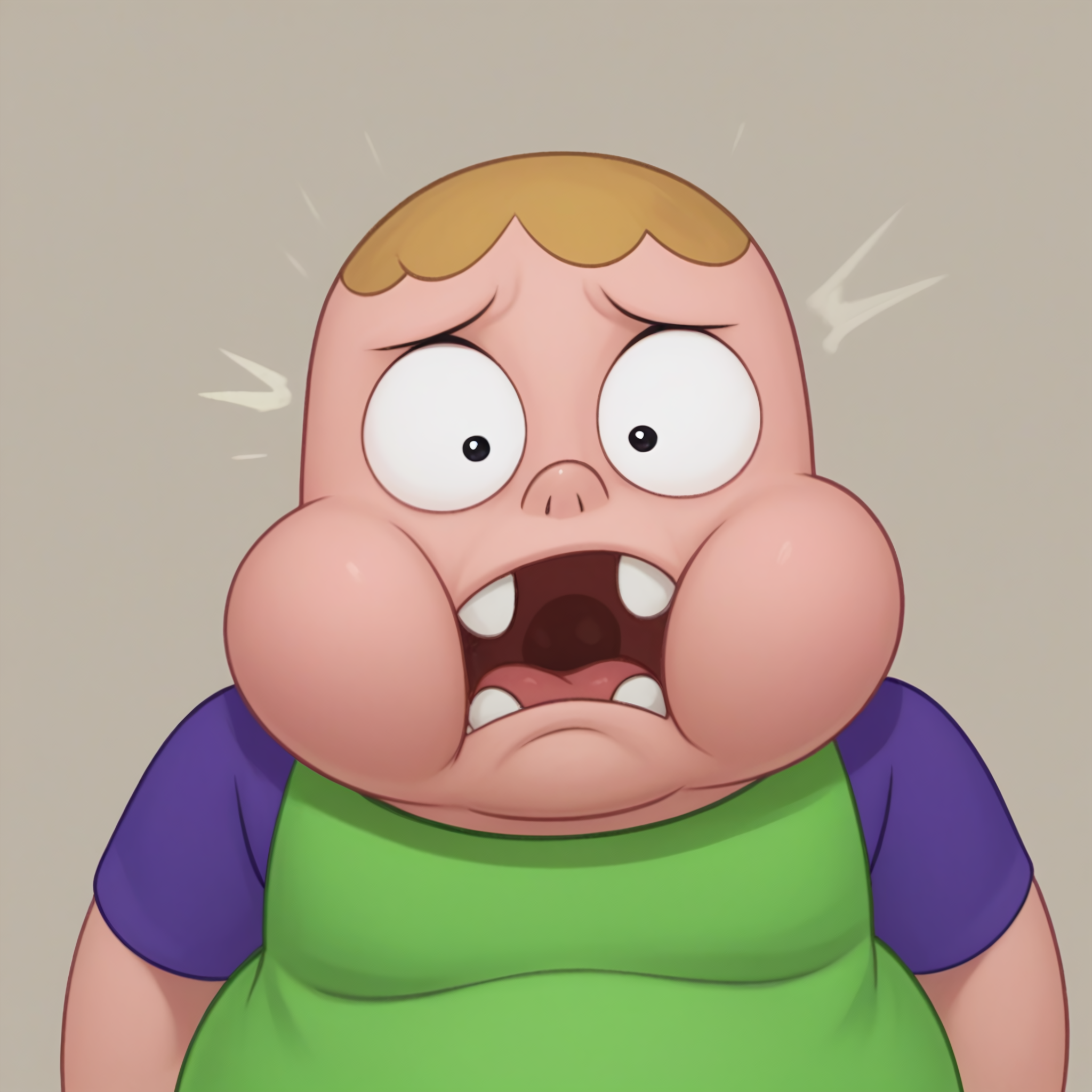 score_9, score_8_up, score_7_up, best quality, source_toon, Clarence, 1boy, male focus, no front teeth, tooth gap, closed mouth, chubby cheeks, human, plump, fat, young, wide hips, green shirt, purple sleeves, portrait, shocked, gasping, expressive, wide eyed, !!