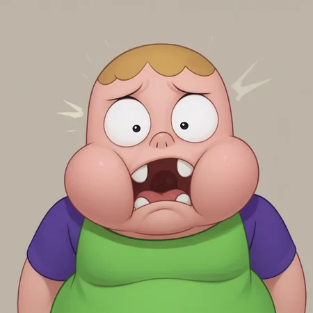 score_9, score_8_up, score_7_up, best quality, source_toon, Clarence, 1boy, male focus, no front teeth, tooth gap, closed mouth, chubby cheeks, human, plump, fat, young, wide hips, green shirt, purple sleeves, portrait, shocked, gasping, expressive, wide eyed, !!