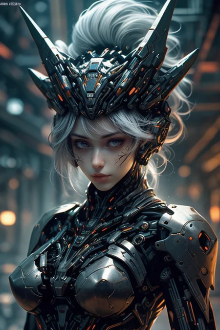 at distance,robot,roblit,white orange armor,white shimmering hair,neon light,8K,RAW,best quality,masterpiece,ultra high res,colorful,(medium wide shot),(dynamic perspective),sharp focus,depth of field,extremely detailed eyes and face,beautiful detailed eyes,large breasts,(black gold, trimmed gear:1.2),(In a futuristic weapons factory:1.2),<lora:robotbattle:0.7>,
<lora:Concept_-_Hella-sthetic_v2:0.7>,, intricate, elegant, highly detailed, symmetry, magical atmosphere, sharp focus, majestic, very coherent, radiant, advanced, cinematic, artistic, fine detail, winning, beautiful, stunning, dramatic light, designed, rich deep colors, perfect professional background, ambient, tailored set composition