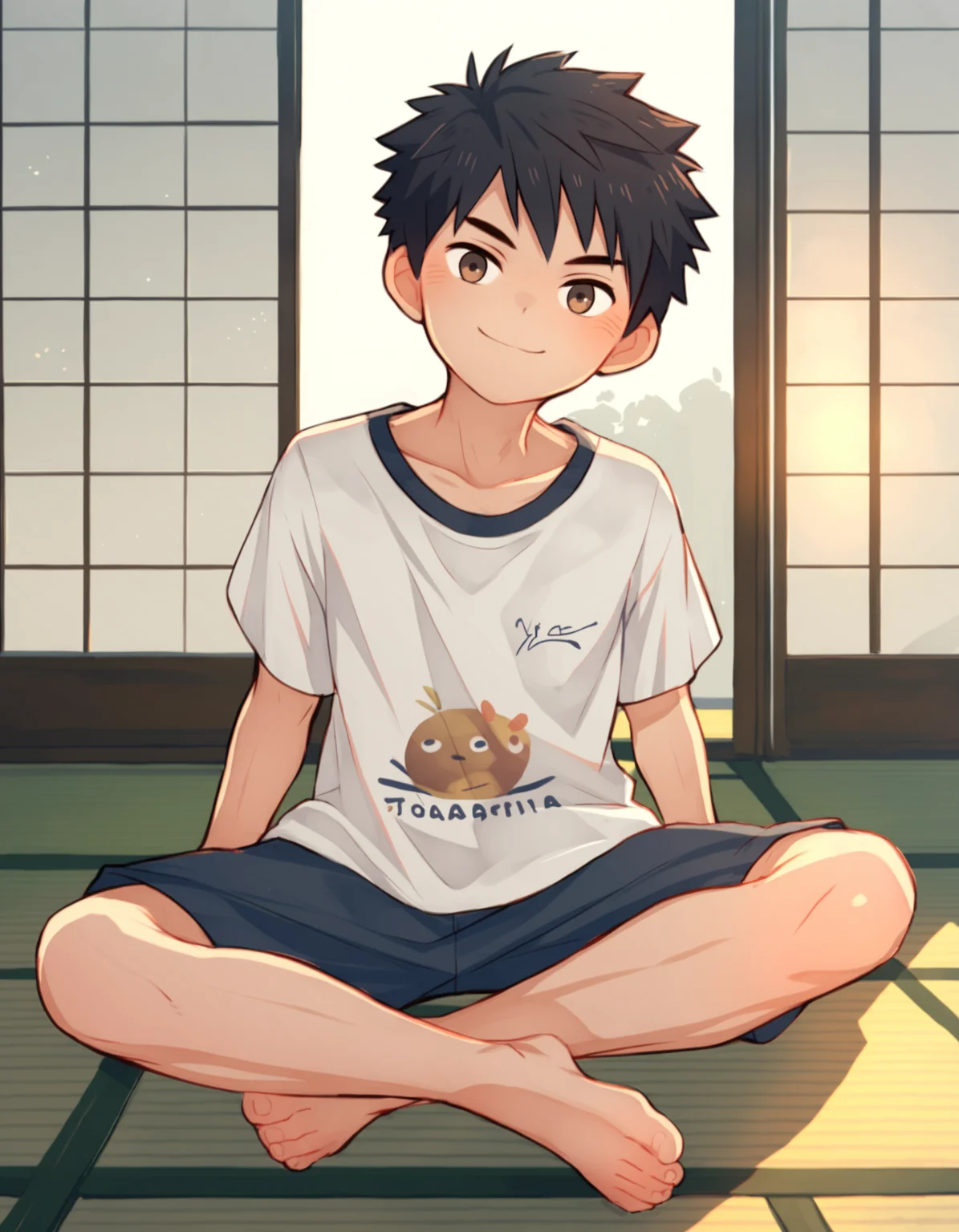 score_9, score_8_up, score_7_up, score_6_up, source_anime, indoors, tatami, sunlight, 1boy, brown eyes, black hair, solo, looking at viewer, smile, t-shirt, shorts, sitting on floor, barefoot, arm support, arm between legs <lora:maruikotatsu-amxl-v1b-ShoAI:1>