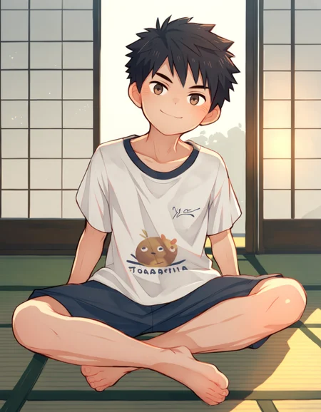 score_9, score_8_up, score_7_up, score_6_up, source_anime, indoors, tatami, sunlight, 1boy, brown eyes, black hair, solo, looking at viewer, smile, t-shirt, shorts, sitting on floor, barefoot, arm support, arm between legs <lora:maruikotatsu-amxl-v1b-ShoAI:1>