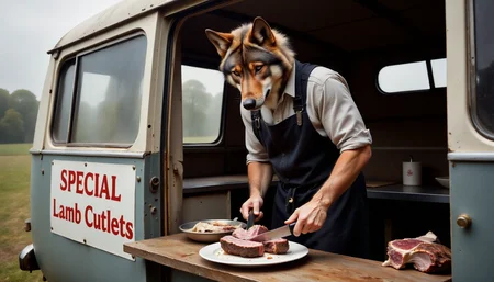 wolf hybrid man wearing an apron, standing inside a trailer shop with window. he is cutting lamb cutlets with a long sharp knife onto a plate to sell to customers. Sign on outside of trailer reads "SPECIAL - Lamb Cutlets"