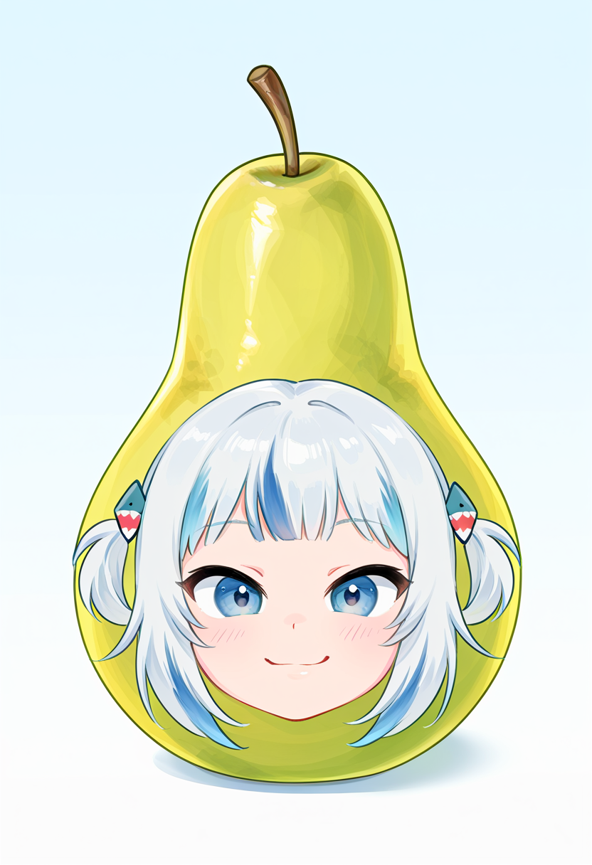 masterpiece, high quality, absurdres, pearto, gawr gura, food, fruit, looking at viewer, smile, closed mouth, objectification, head only, disembodied head, <lora:pearto:1>,