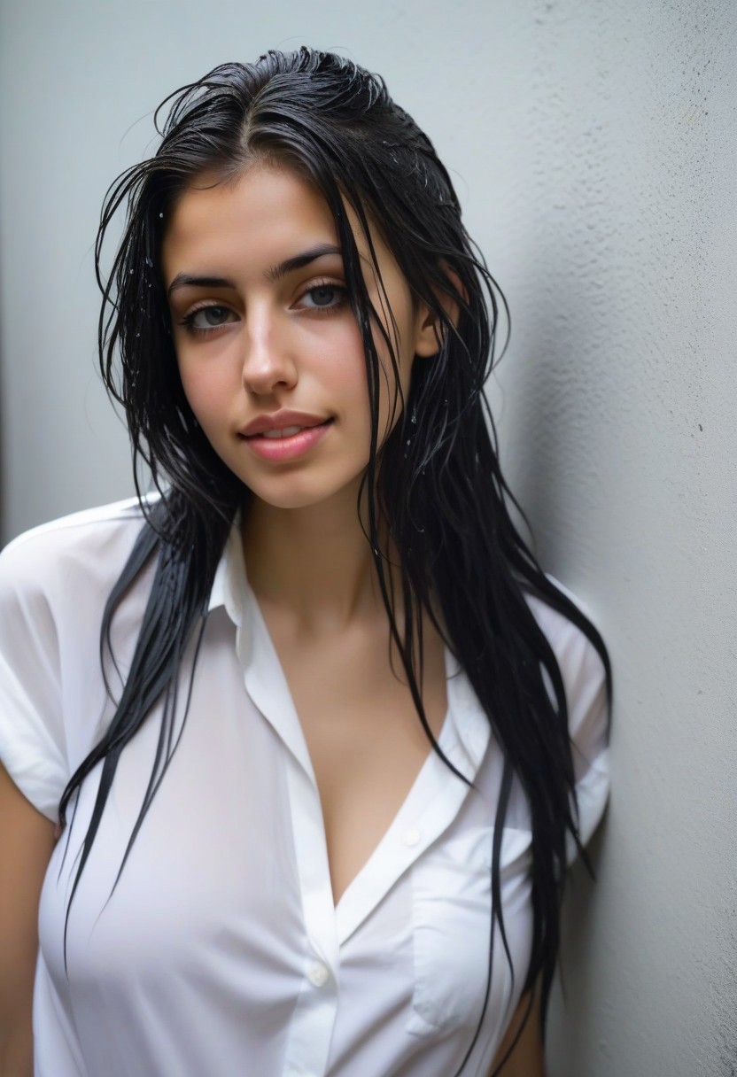 portrait of busty egyptian beauty Elham enjoying rain in Cairo city alleywall