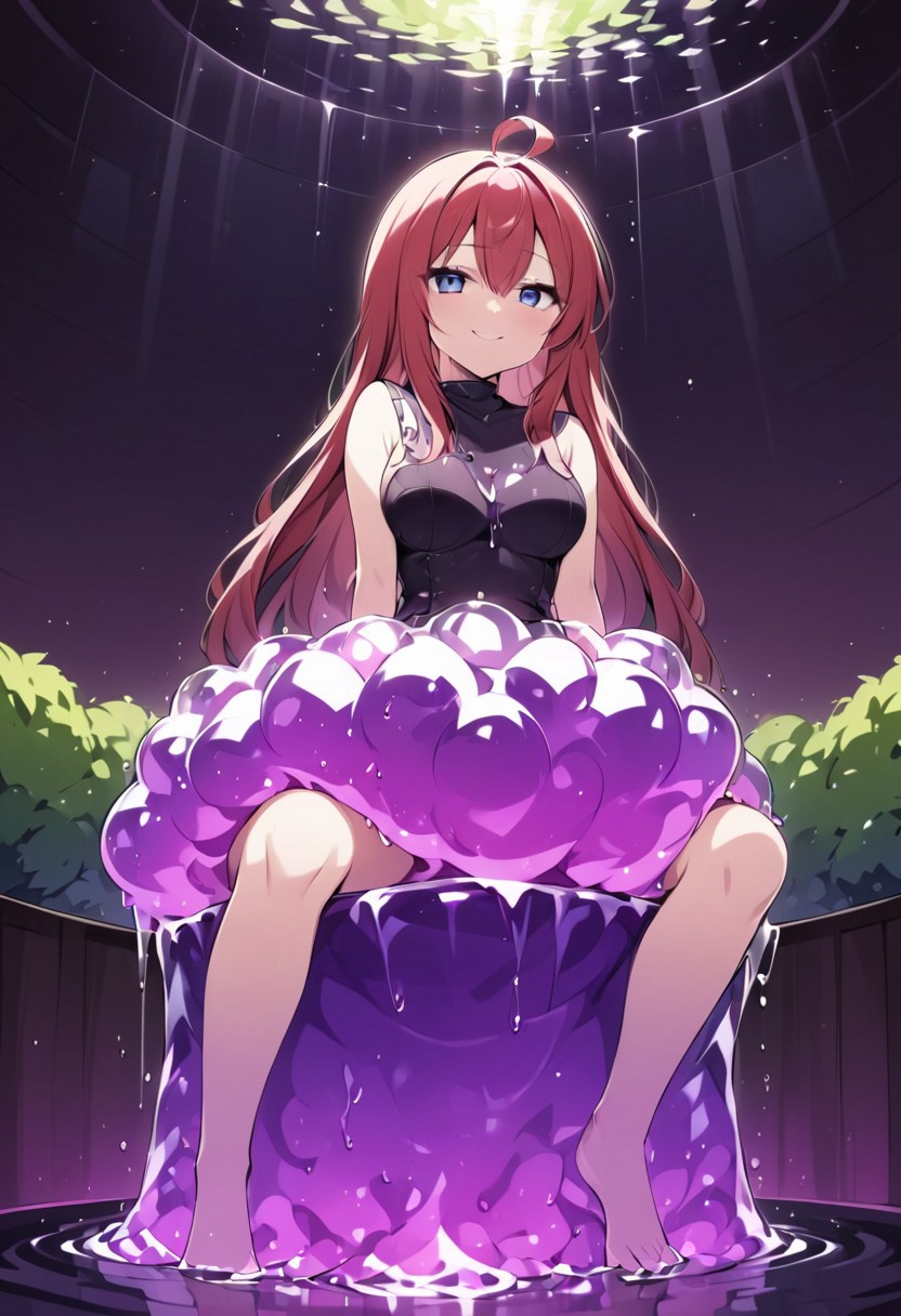 (masterpiece), (score_9, score_8_up, score_7_up,source_anime), 4K8K, best quality, high res image, illustration, Uncorrected, CG, 
(girl view from below. look-up angle:1.3), from side, 
1 fairy girl sitting on a giant grape slime, pretty slime sex, (lot of grape cubes around woman), (hair over breasts, long hair, hair censor:1.4), twinkle grape cube, 
slime, slime like a grape, grape slime, see-through violet slime, 
BREAK
medium breasts, 
(gradient hair, pink and hair, very long hair, red bangs, ahoge, hair over breasts, hair censor), 
(blue eyes, half opened eyes, jitome, smile), 
wearing tube top, cube, 
in orchard, fruit orchard, fruits trees,