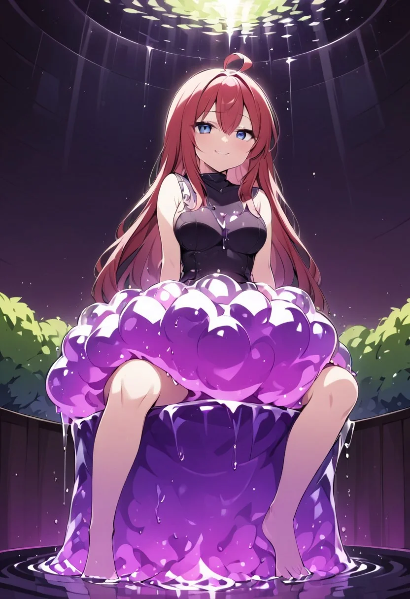 (masterpiece), (score_9, score_8_up, score_7_up,source_anime), 4K8K, best quality, high res image, illustration, Uncorrected, CG, 
(girl view from below. look-up angle:1.3), from side, 
1 fairy girl sitting on a giant grape slime, pretty slime sex, (lot of grape cubes around woman), (hair over breasts, long hair, hair censor:1.4), twinkle grape cube, 
slime, slime like a grape, grape slime, see-through violet slime, 
BREAK
medium breasts, 
(gradient hair, pink and hair, very long hair, red bangs, ahoge, hair over breasts, hair censor), 
(blue eyes, half opened eyes, jitome, smile), 
wearing tube top, cube, 
in orchard, fruit orchard, fruits trees,