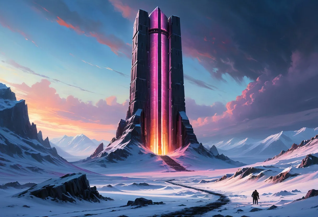 [(ominous mechanical monolith:1.40) ::0.40], (Glowing tower in a doomed snowy tundra), [Jakub Rozalski's sci-fi art: dieselpink style: 0.70], a majestic and foreboding image of a towering mechanical monolith radiating an eerie glow amidst the darkness of a snow-covered tundra, reminiscent of Jakub Rozalski's sci-fi retro-futuristic dieselpunk art style. Inspired by Anders Zorn and Joseph Christian Leyendecker, this artwork features neat tangents with negative space, dramatic lighting casting detailed shadows and highlights for depth, and a vibrant HDR digital painting brimming with colorful richness