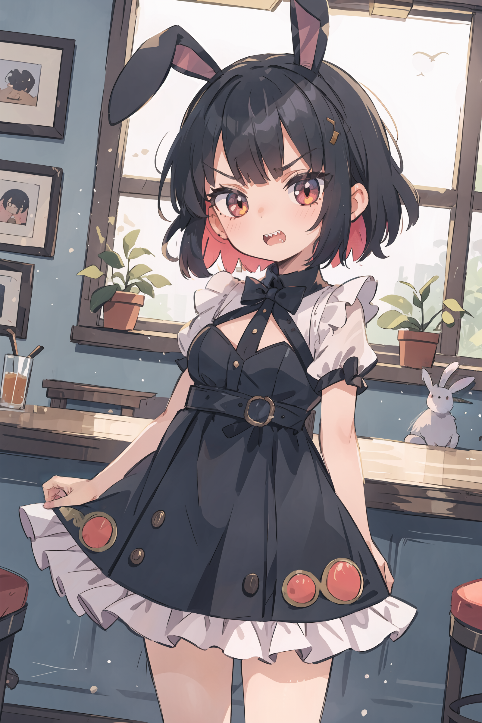 1girl, ellen joe, playboy bunny, fishnets, fake animal ears, rabbit ears, bar \(place\), indoors, depth of field, cowboy shot, taut dress, v arms, looking at viewer, embarrassed, blush, angry, clenched teeth, sharp teeth
