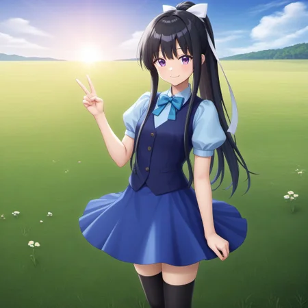 masterpiece,best quality,good quality,newest,
outdoors,day,cloud sky,grass,sunlight,
smile,closed mouth,
looking at viewer,
solo,
anime coloring,
kikushita_kotora_(volume7),1girl,black hair,ponytail,long locks,hair ribbon,purple eyes,
light blue shirt,puffy_sleeves,short_sleeves,bowtie,blue vest,
blue skirt,miniskirt,
black_thighhighs,
standing,v,