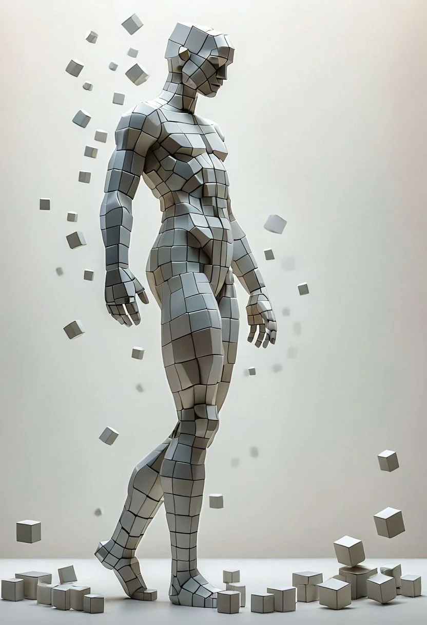 artcbd, Create an image of male figure composed entirely of cubes in various sizes. The figure should appear as if constructed from these geometric shapes, with distinct cubes forming the head, torso, arms, and legs. The cubes vary in size to represent different body parts proportionately, creating a visually interesting and abstract representation of a human body. The composition should be clear, with a focus on how the blocks assemble to mimic human anatomy. The background should be neutral to emphasize the figure