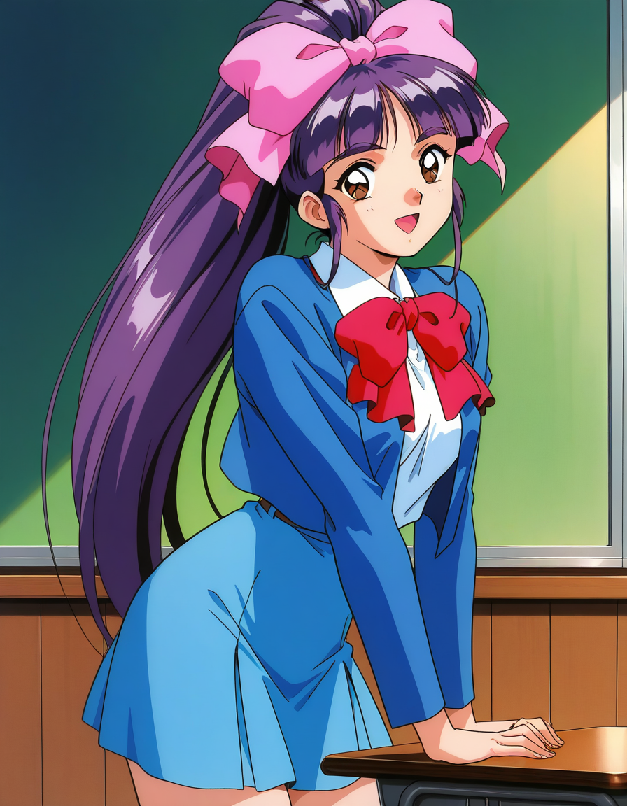 general,highres, ultra-detailed,very aesthetic,best quality ,best hands,  BREAK <lora:Midou_Miko_IS:1> Midou_Miko, 1girl,solo, pink bow, purple hair, long hair,hair ribbon, brown eyes, ponytail, bangs, 1990s (style), anime coloring,
 bow,  light blue skirt, white shirt, dark blue jacket, smile,looking at viewer, cowboy_Shot,
school uniform, smile, 1990s (style), open mouth, long sleeves,  red bow,
class room,