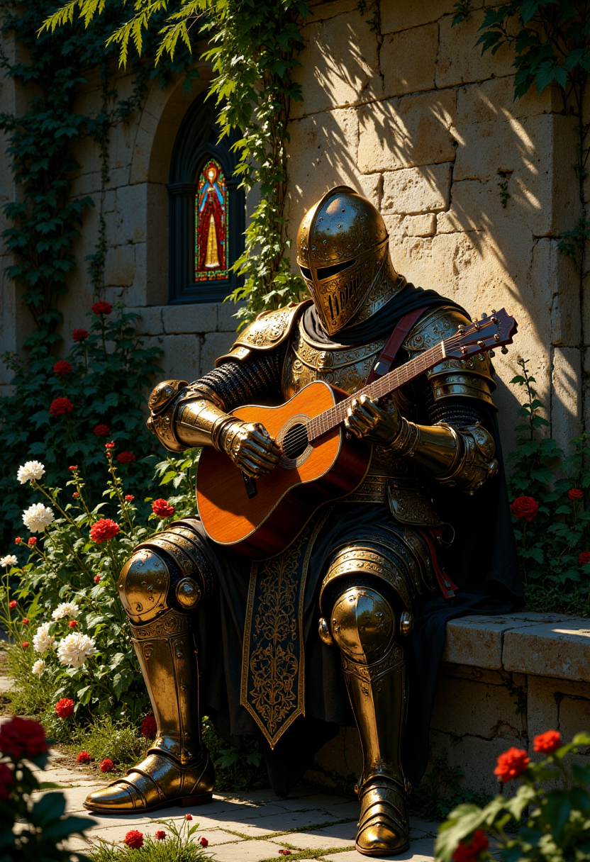 Highly detailed and dramatic digital artwork featuring a medieval knight in full armor sitting on a stone bench in a sunlit garden. The knight is playing an acoustic guitar, with sunlight filtering through the leaves above, casting dappled shadows on the ground. The armor is detailed with intricate engravings, and the helmet obscures the knight's facial features. The garden is lush with greenery and colorful flowers, creating a serene and peaceful atmosphere. In the background, a small stained glass window is visible, featuring a figure in vibrant colors. The overall composition is harmonious, blending the historical with the whimsical. <lora:FluxMythP0rtr4itStyle:0.6> <lora:flux.1_lora_flyway_Epic-Characters_v1:0.6> <lora:Elden_Ring_-_Yoshitaka_Amano:0.33>
