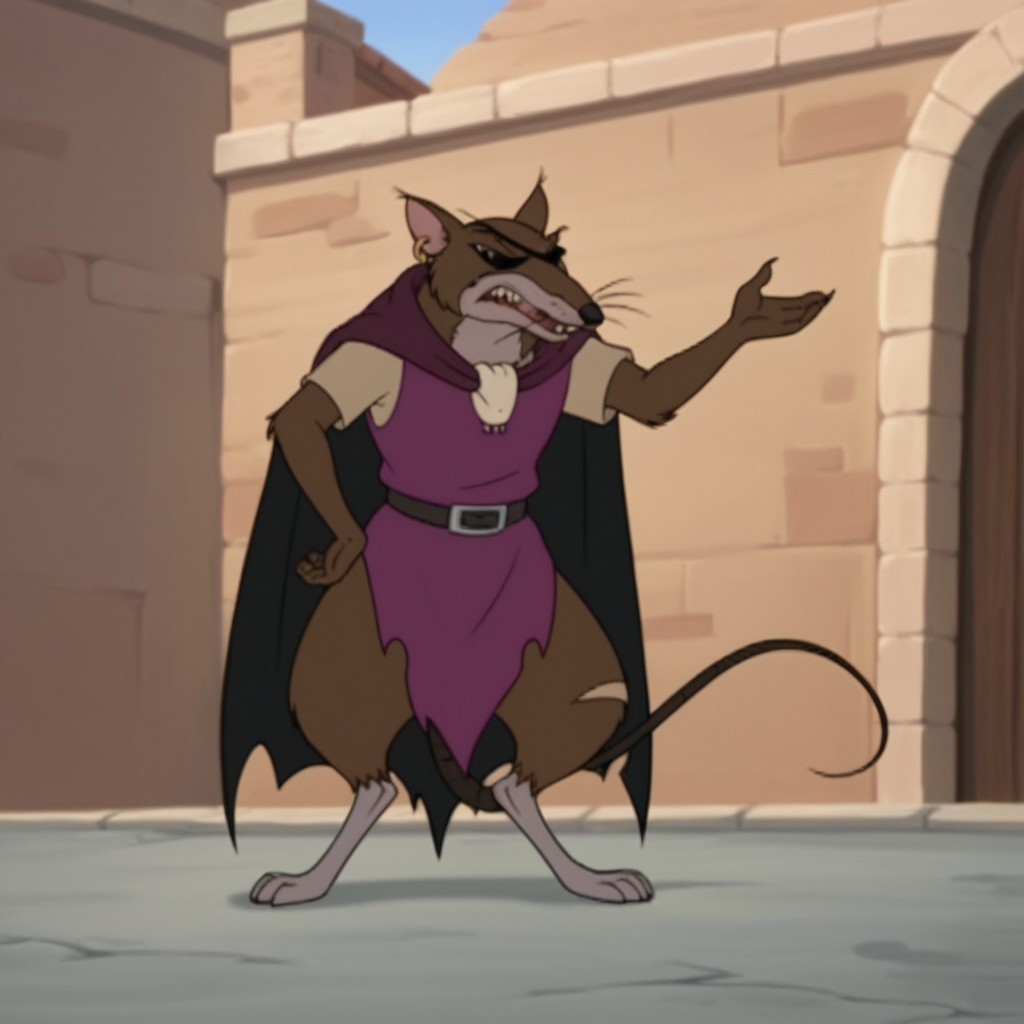 score_9, score_8_up, score_7_up, score_6_up, score_5_up, score_4_up, source_furry, ClunyRW, semi-anthro, male, rat, brown fur, jewelry, earring, purple cloak,  belt, purple tunic, short sleeves, torn clothes, eye patch, standing, outside,