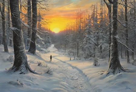 a path in the middle of a forest, in the late winter, at sunset, 
during a snowfall, a cath walk in the path, the figure of a man in the distance <lora:We_illustration_awpainting:0.6>,
