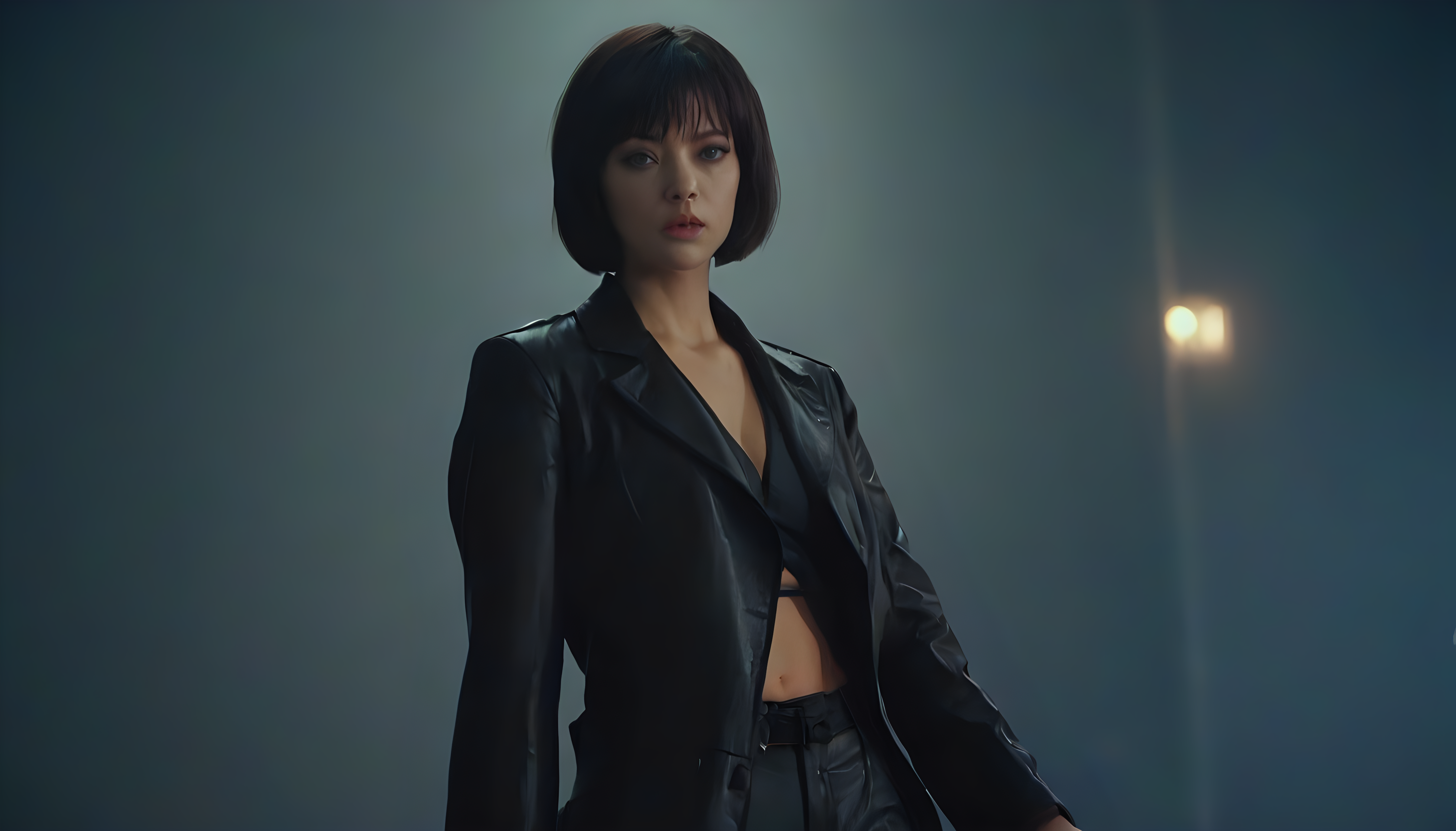 Motoko Kusanagi in Blade Runner 1982, neo noir, cyberpunk, cinema still medium shot 8k, wearing school uniform