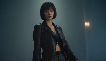 Motoko Kusanagi in Blade Runner 1982, neo noir, cyberpunk, cinema still medium shot 8k, wearing school uniform
