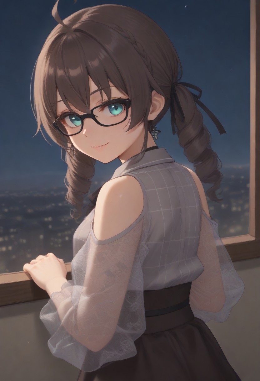 1girl, solo, solo focus, highres, absurdres, MatsuriMineGirl, brown hair, bangs, grey shirt, ahoge, twintails, black ribbon, black choker, hair between eyes, hair ribbon, brown skirt, shoulder cutout, collared shirt, flower earrings, black bowtie, blue eyes, white jacket, see-through sleeves, lace sleeves, plaid shirt, high-waist skirt, puffy short sleeves, medium hair, open jacket, small breasts, long sleeves, drill hair, black-framed eyewear, braid,
looking at viewer, evil smile, closed mouth, head tilt, from behind, looking back,
indoor, cityscape, neon lights, window, dark, night, night sky, 
light particles, backlighting, shade, light rays, lens flare, shiny skin, fine fabric emphasis,