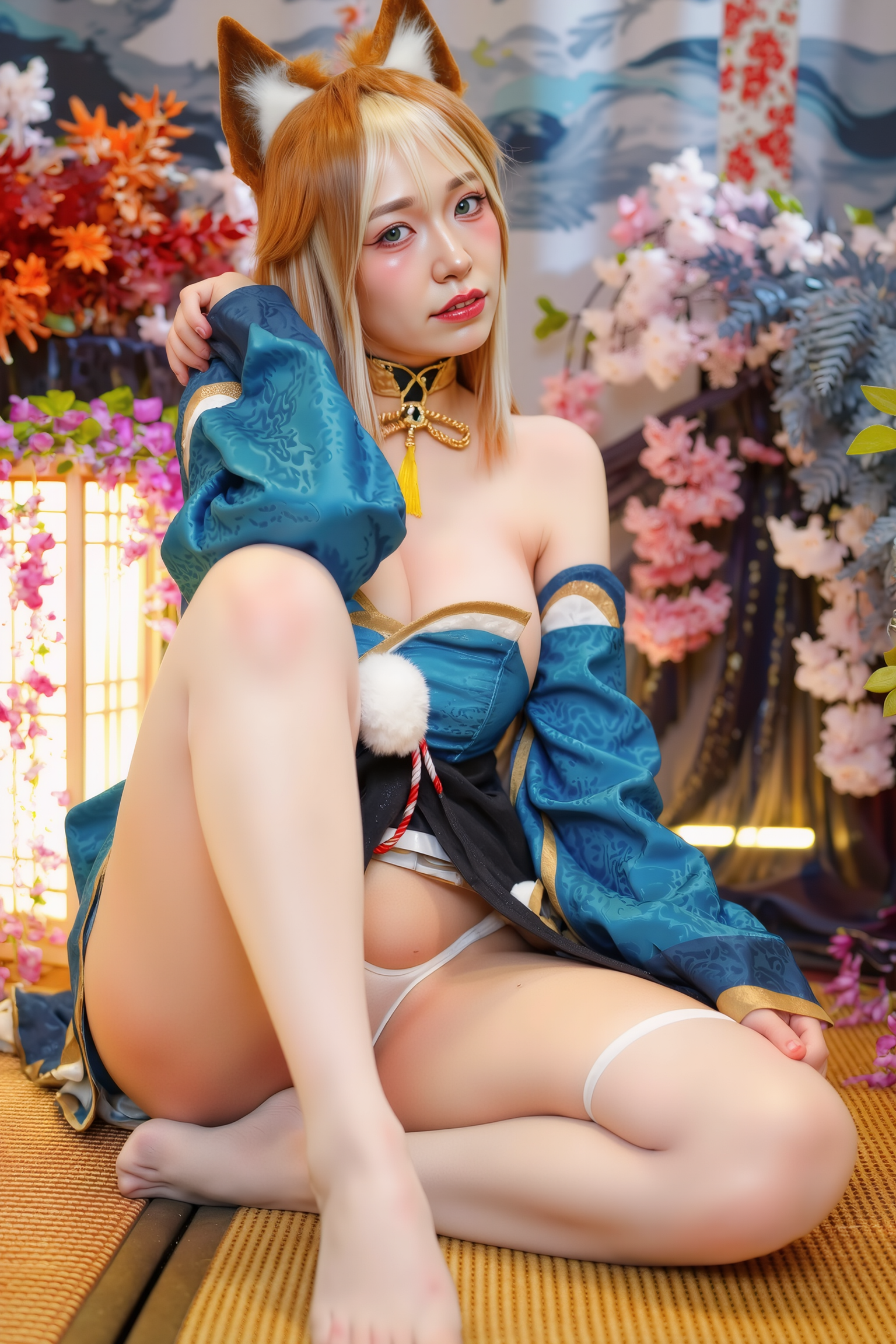 A high-resolution photograph of a young woman seated on the floor, one leg fully extended outward while the other knee is bent, foot flat against the floor. Her torso is slightly twisted toward the camera, hands naturally placed beside her hips, creating a dynamic yet elegant silhouette. Soft lighting captures her calm, expressive features.

She is wearing a blue SGWN32Clothing with fox ears. Her makeup is dramatic, with dark eyeliner and bold, glossy pink lips. 

The lighting features a high-contrast, monochromatic white color scheme that creates a moody, intimate atmosphere. 

The photography technique uses what appears to be soft lighting to create a glamorous effect, with careful attention to highlighting contours while maintaining the dominant light brown color scheme throughout the frame.

The overall aesthetic combines elements of fashion photography, traditional Asian visual motifs, and contemporary boudoir styling. The dramatic light brown lighting creates a cohesive visual theme that ties all elements of the composition together.

The white light emit on her to show her feature.