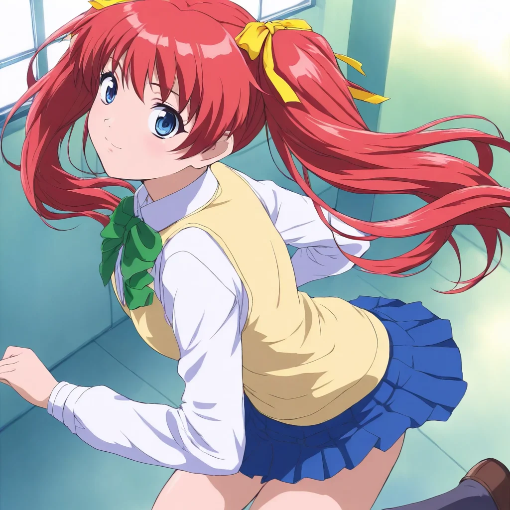 masterpiece,1girl,solo,looking at viewer,cowboy_shot,school uniform,yellow vest,skirt,socks,<lora:Shoko_Sugimoto ag4o v1:1> shoko_sugimoto, red hair, twintails, hair ribbon, blue eyes,