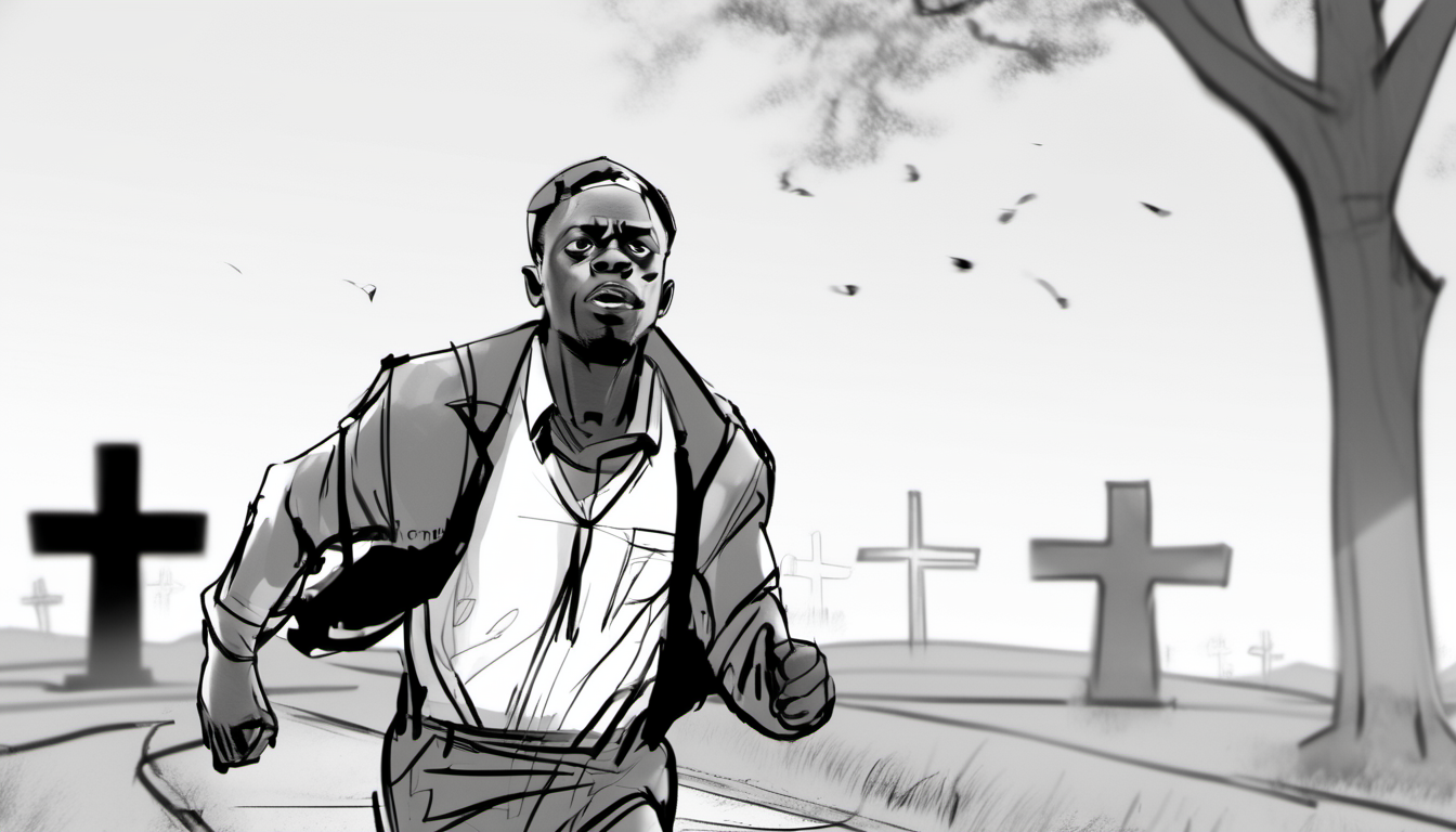 storyboard sketch of Daniel Kaluuya  feeling Geeky Running playing a Agrarian in cemetary <lora:storyboard sketch:0.8>