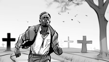 storyboard sketch of Daniel Kaluuya feeling Geeky Running playing a Agrarian in cemetary <lora:storyboard sketch:0.8>