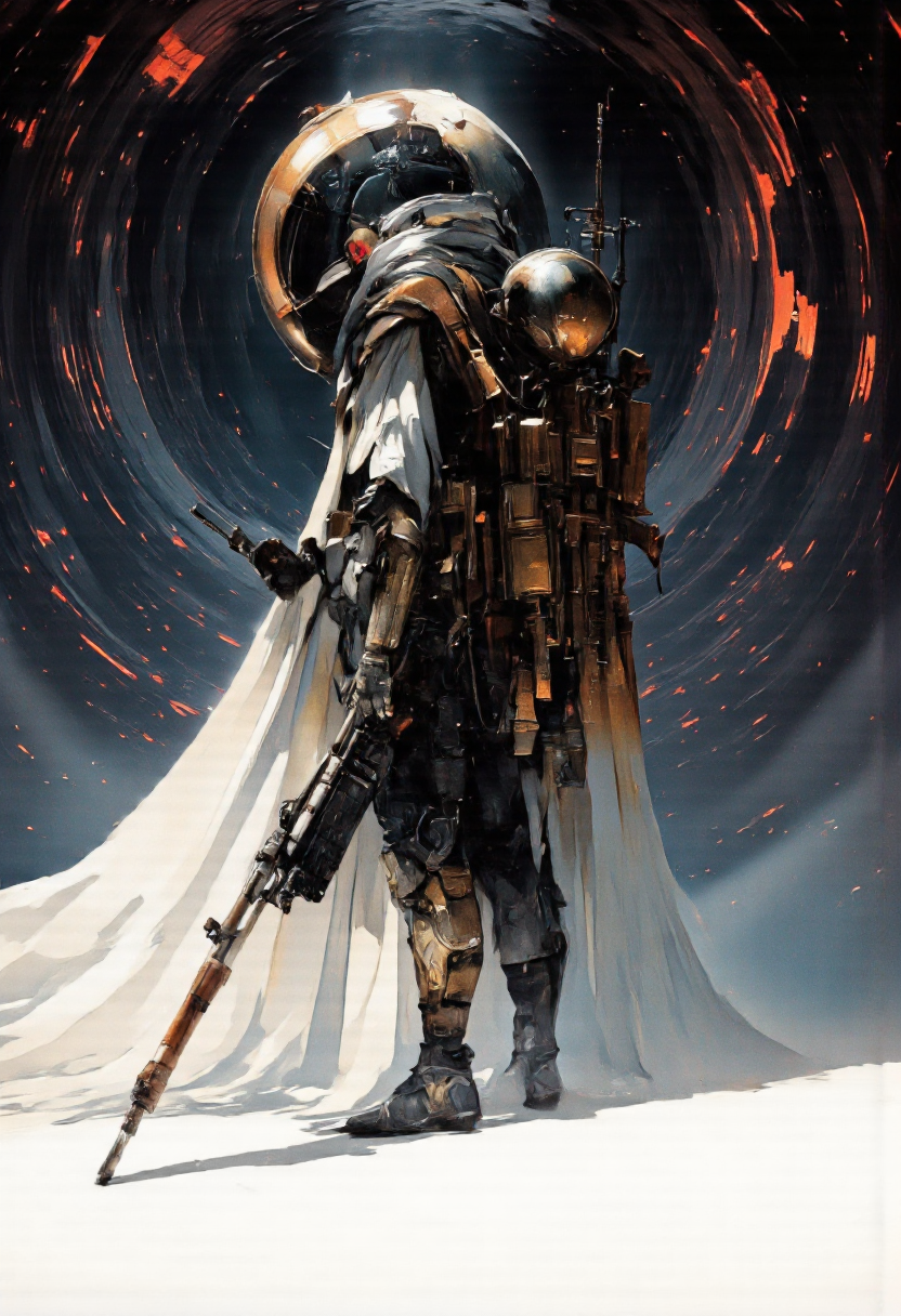 Art by Ronan Le Fur. A digital illustration shoot from a frontal camera angle about a futuristic character with a futuristic design, holding a large, futuristic weapon and wearing a long, flowing cape. the image also shows a dark, abstract background with a swirling pattern of red and blue light particles, and a dark atmosphere. on the middle of the image, a 1man, who appears to be a man, standing full body, full body distance to the camera, wearing a gas mask and holding a futuristic weapon. he has a long white cape flowing down his back and is wearing a black and gold armored suit with a backpack on his back. the man has a stern expression and is facing the viewer, with his eyes looking straight ahead. he is wearing black boots and has a gun in his right hand. on his left hand, he is holding a long rifle with a large metal sphere-like device attached to it, which is also equipped with antennae. the overall style is dark and moody, with a sci-fi aesthetic.