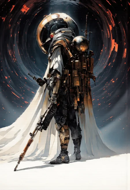 Art by Ronan Le Fur. A digital illustration shoot from a frontal camera angle about a futuristic character with a futuristic design, holding a large, futuristic weapon and wearing a long, flowing cape. the image also shows a dark, abstract background with a swirling pattern of red and blue light particles, and a dark atmosphere. on the middle of the image, a 1man, who appears to be a man, standing full body, full body distance to the camera, wearing a gas mask and holding a futuristic weapon. he has a long white cape flowing down his back and is wearing a black and gold armored suit with a backpack on his back. the man has a stern expression and is facing the viewer, with his eyes looking straight ahead. he is wearing black boots and has a gun in his right hand. on his left hand, he is holding a long rifle with a large metal sphere-like device attached to it, which is also equipped with antennae. the overall style is dark and moody, with a sci-fi aesthetic.