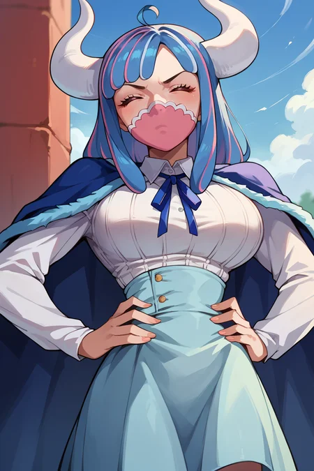 score_9, score_8_up, score_7_up, score_6_up, source_anime, 1girl, solo <lora:ulti-pdxl-nvwls-v1-000005:1> ulti, horns, pink eyes, multicolored hair, bangs, ahoge, mouth mask, blue cape, white shirt, long sleeves, neck ribbon, light blue skirt, high-waist skirt, large breasts, hands on hips, blue sky, closed eyes, standing, pink shoes, field