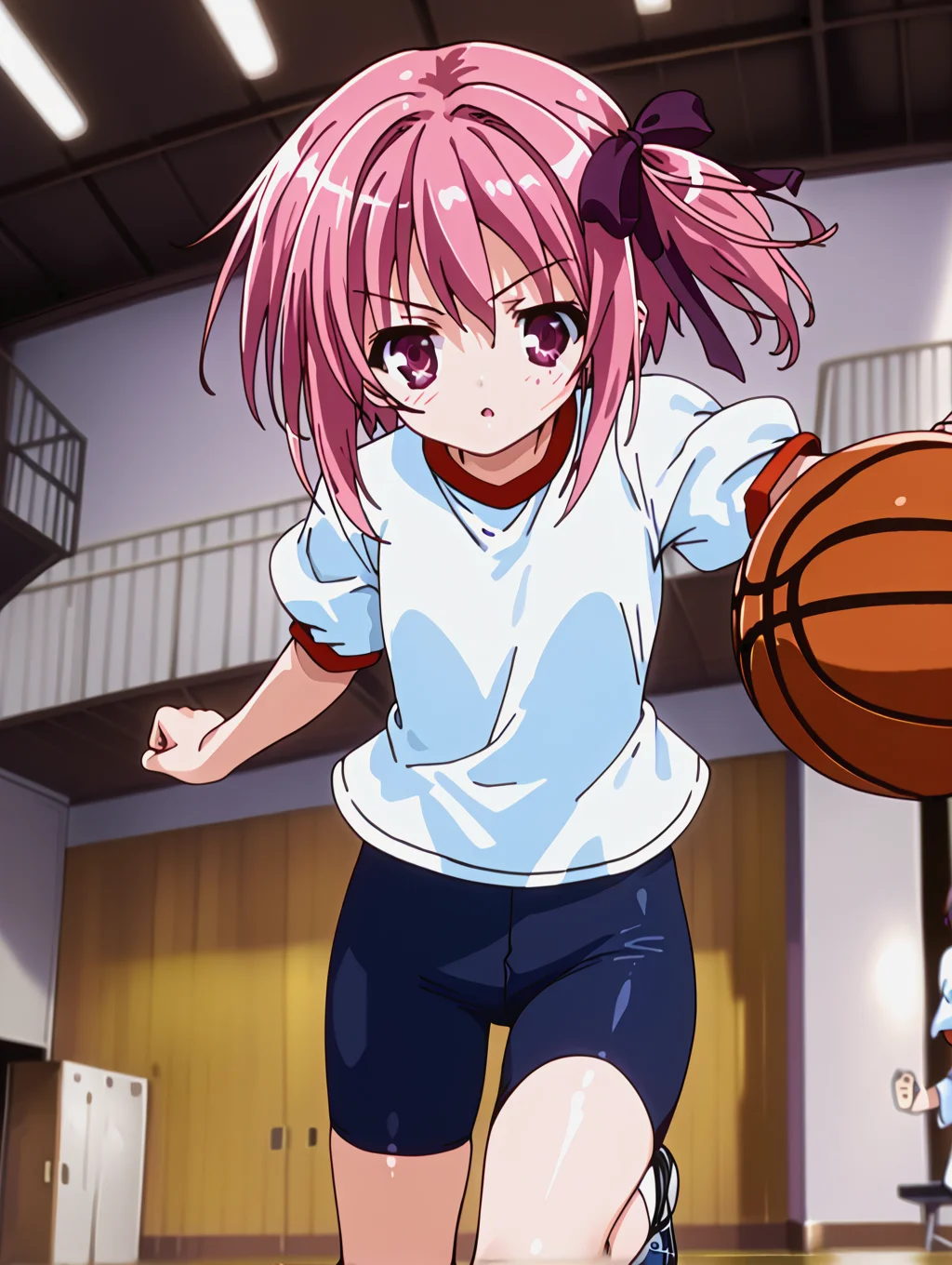 (zPDXL3), score_9, score_8_up, score_7_up, source_anime,
1girl, indoors, gym,
gym uniform, bike shorts, basketball \(object\), running, jumping,
<lora:ro-kyu-bu_pony_v1-000012:1>, minato tomoka, short hair, hair ribbon, one side up,