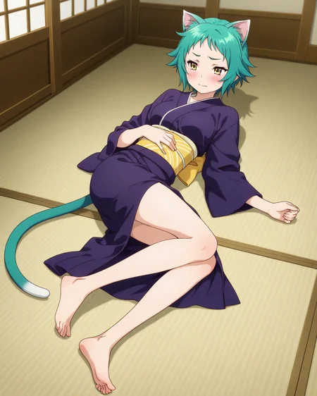 (kimono:1.50),
ys-yaya, green hair, short hair, yellow eyes,
1girl, (solo:1.60), skinny,
(masterpiece, best quality, amazing quality, absurdres, high quality, highres, masterpiece),
flustered,
full body
lying down,
(feet:1.40),
BREAK,
indoors,
,
(),
medium breasts,
cat ears, cat tail
<lora:ys-yaya-V01-illXL:0.80>