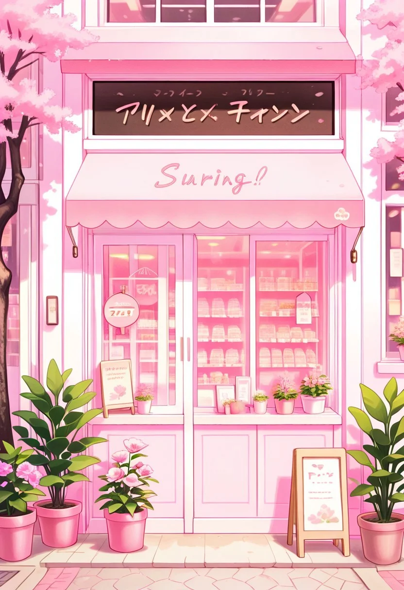 masterpiece, best quality, 32k, high resolution, absurdres,
pnkBldng, tree, no humans, window, plant, pink flower, sign, potted plant, pink theme, shop, spring (season), storefront, さくら
