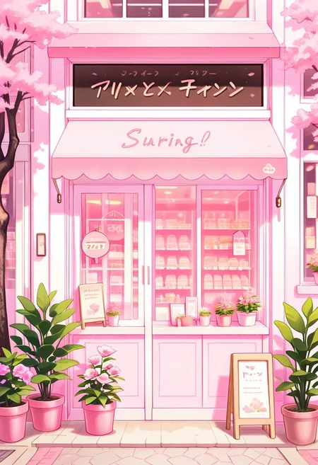 masterpiece, best quality, 32k, high resolution, absurdres,
pnkBldng, tree, no humans, window, plant, pink flower, sign, potted plant, pink theme, shop, spring (season), storefront, さくら