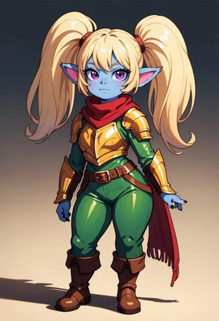 score_9, score_8_up, score_7_up, full height, Portrait, EasyNegative, (1girl), (detailed),PoppyLoLXL, yordle, shortstack, purple eyes, blonde hair, twintails, blue skin, colored skin,golden armor, red scarf,green snakeskin shirt, green snakeskin pants, brown boots,