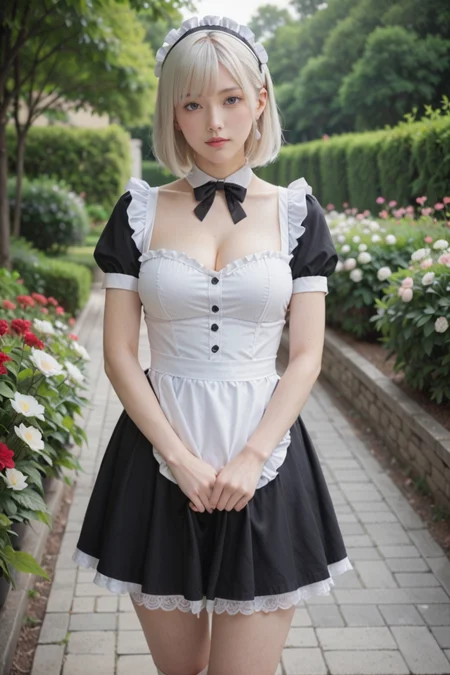 score_9, score_8_up, score_7_up,
1girl,solo,realistic,
beautiful face,beautiful eyes,bangs,hair bangs,looking at viewer,blush,
white hair,medium hair,straight hair,
maid,short skirt,maid_headdress, maid_apron,ribbon, lace-trimmed,frills,black skirt,
(thick thighs:1.2),wide hips,curvy, large breasts, pull down pants, pubic hair,
skirt hold,
white skin,pale skin,mole,sweat,
cute,gentle, garden, flowers, backlight, fog,
<lora:ZSNR-VPXL00-01D:10:lbw=0,1.5,1.5,1,1,1,1,1,1,1,1,1,0,1.5,1.5,0>