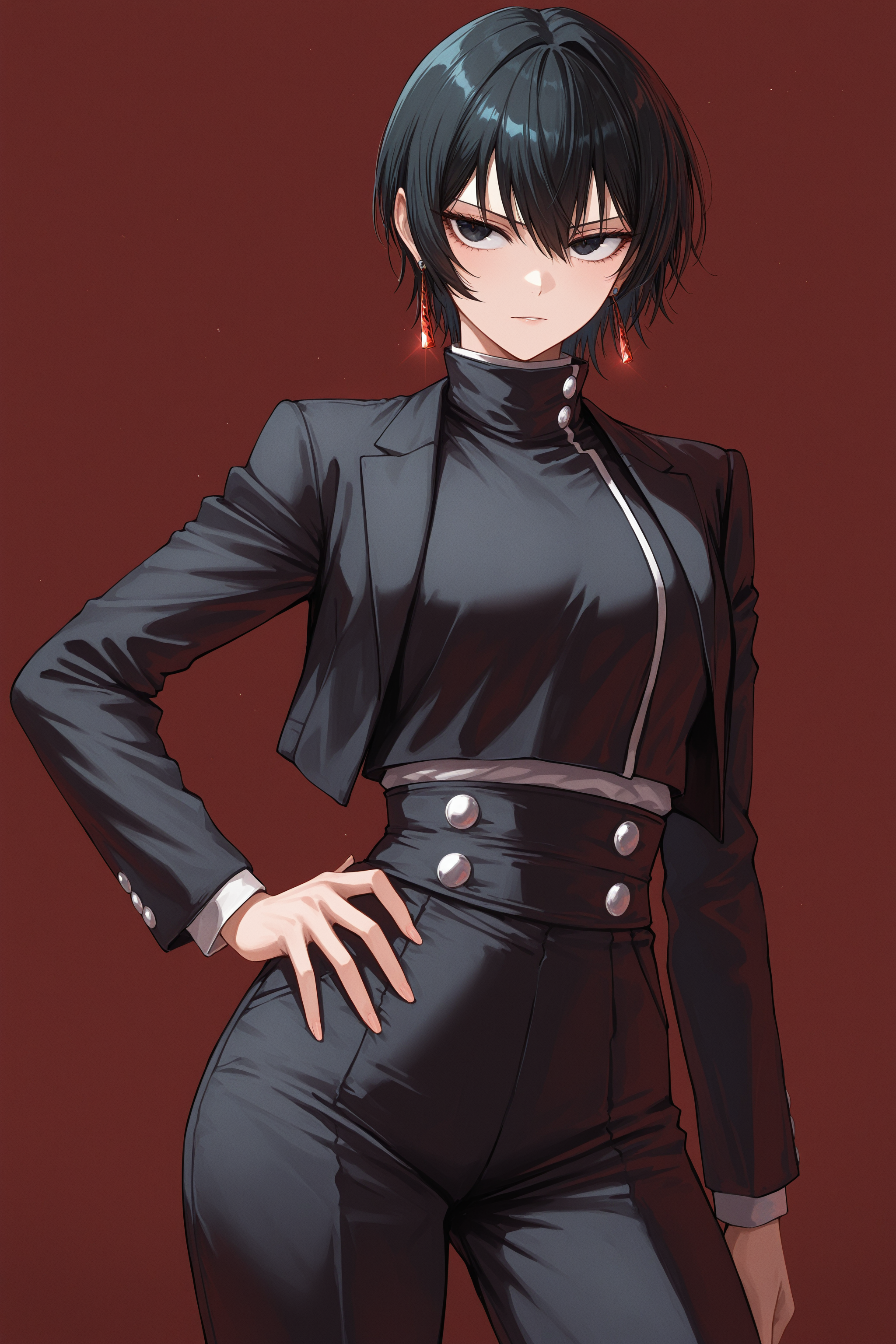 masterpiece, best quality, absurdres, safe,
1girl, hiyuki kagari, short hair, black eyes, earrings, 
hand on hip
<lora:kagurabachi_il_1_d16:1>