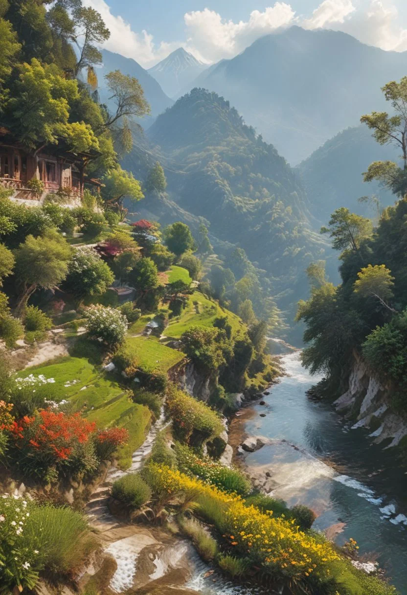 A lush, verdant valley nestled deep within the Himalayas, in the small but enchanting kingdom of Bhutan. The vibrant landscape is dotted with traditional Bhutanese architecture, characterized by its distinctive sloping roofs and intricate woodcarvings. A meandering river flows through the valley, its crystal-clear waters flanked by lush greenery and towering pine trees. In the distance, snow-capped mountains rise majestically towards the azure sky, their peaks disappearing into the clouds. A group of locals, adorned in their colorful national dress, can be seen tending to a terraced rice field, their faces illuminated by the warm glow of the setting sun. The air is filled with the scent of wildflowers and the sound of chirping birds, creating an idyllic and peaceful atmosphere that is unique to this hidden paradise.