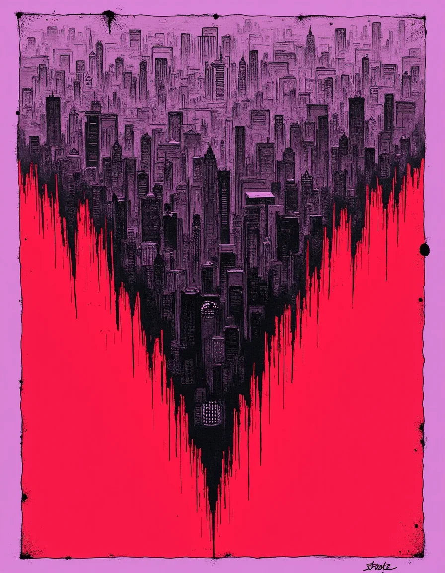 An illustration of a cityscape built entirely upside down. The background is red with a lavender border. At the bottom corner of the illustration in clear contrasting cursive text is the artists signature "Stoke" 1nk3d63-m0n-c0m <lora:InkEdgeMono-Complex_Epoch-08:0.9>