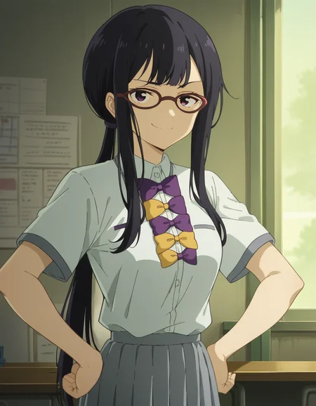 score_9, score_8_up, score_7_up, source_anime, <lora:koto-tsukinoko-alpha-ponyxl-lora-nochekaiser:1>, koto tsukinoko, long hair, bangs, black hair, purple eyes, sidelocks, glasses, low-tied ponytail,, skirt, shirt, bow, school uniform, white shirt, short sleeves, pleated skirt, bowtie, yellow bow, grey skirt, yellow bowtie, purple bow, purple bowtie,, indoors, smug, smile, looking at viewer, solo, hands on hips,, cowboy shot, dutch angle