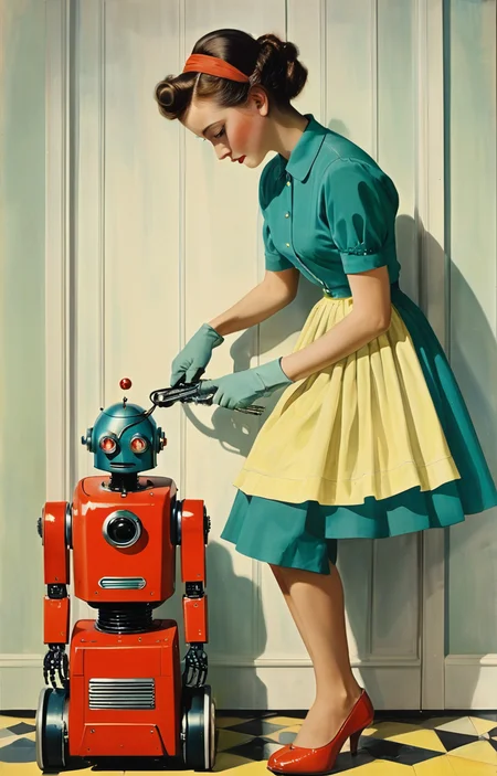 masterpiece,best quality,<lora:tbh370-sdxl:0.6>,illustration,style of Milton H. Greene portrait of Housework robots