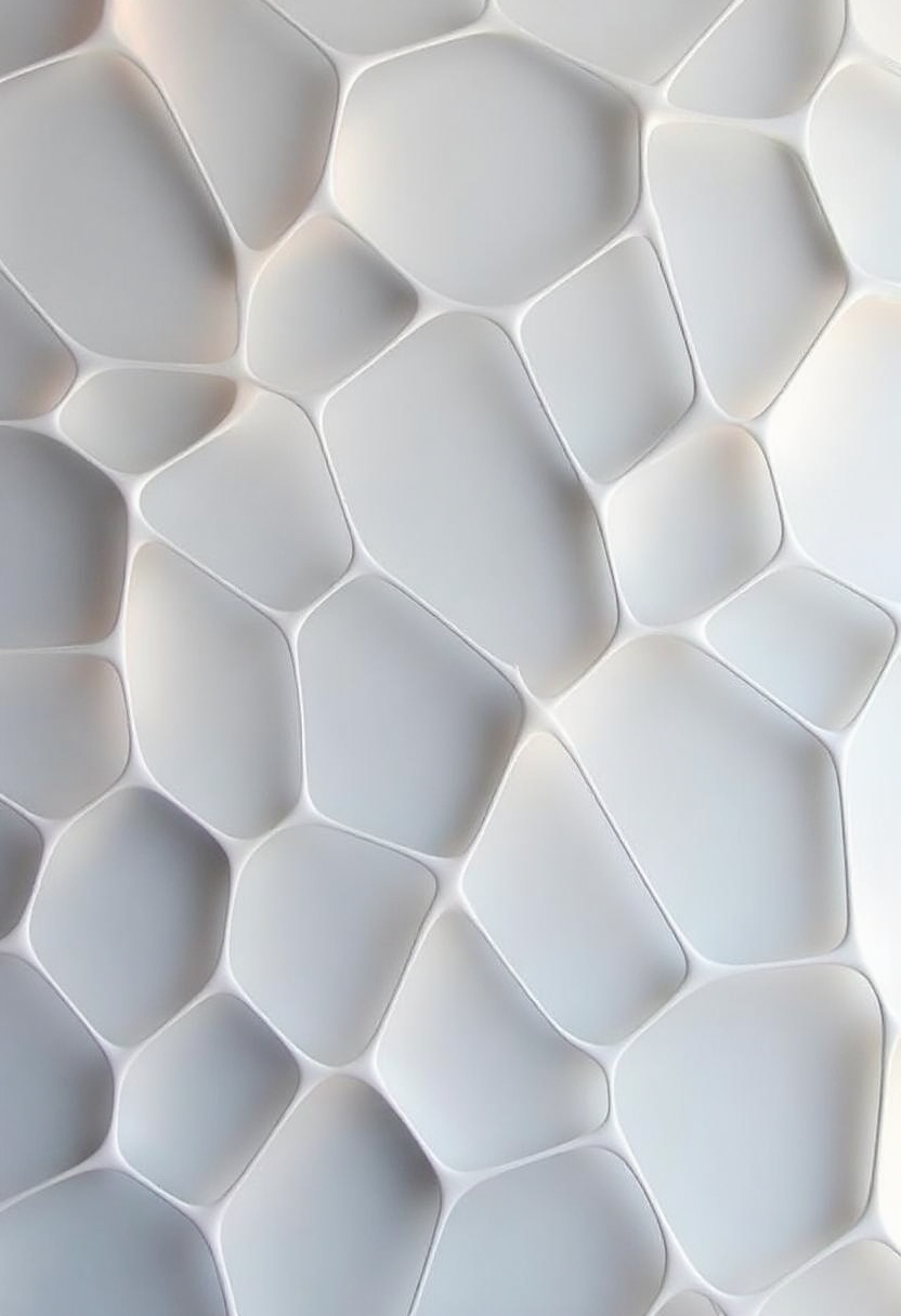 intricate yfg-patt3rn of, a white wall with 3D hexagonal panels illuminated by shifting light patterns.