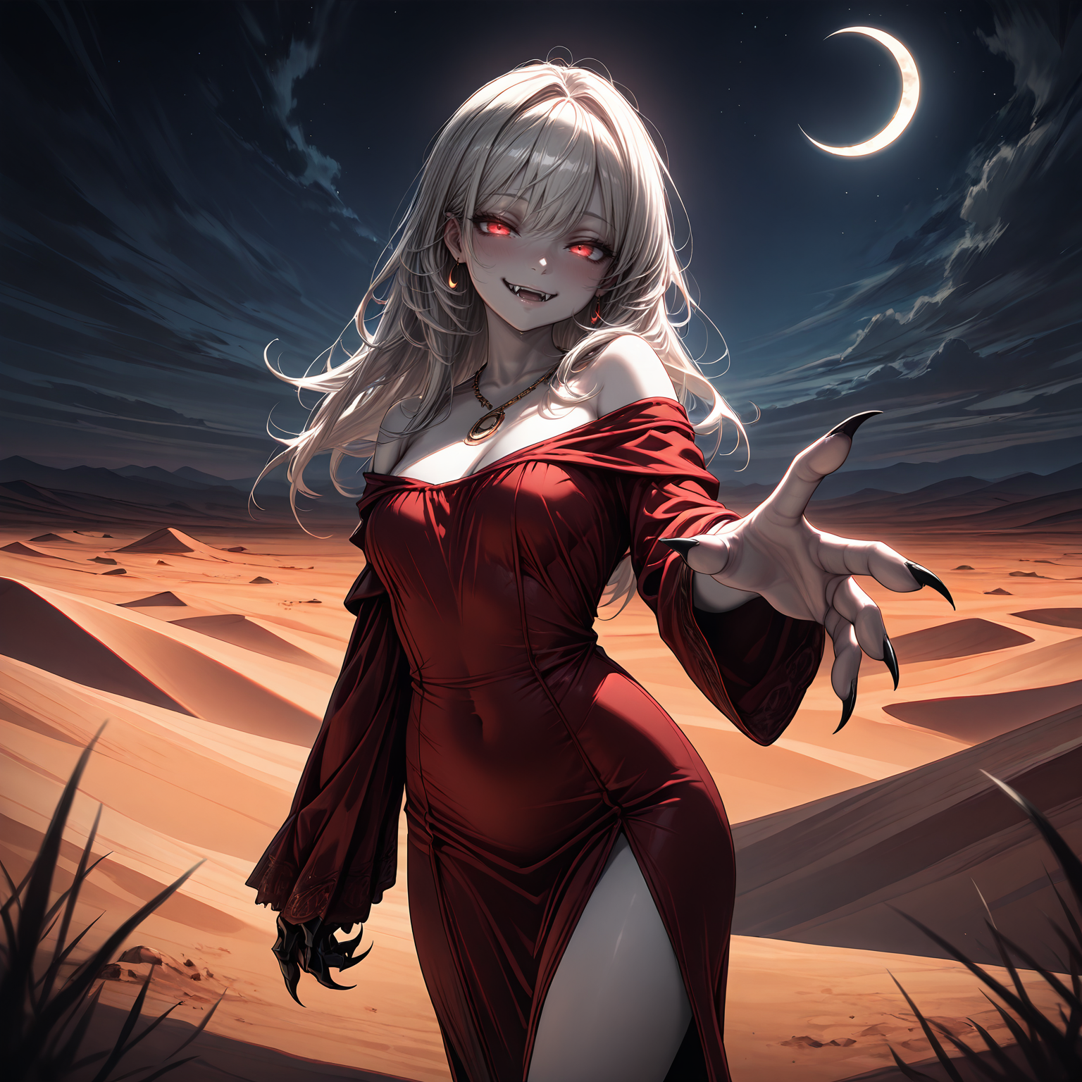 masterpiece,best quality,amazing quality, night, desert, crescent moon, dark, 1girl, standing, seductive smile,  fangs, pale skin, red eyes, glowing eyes, (reaching towards viewer:1.2), claws, red off shoulder dress,   <lora:IL_Between_pencils_and_semi-realism_Style:1> stbedap