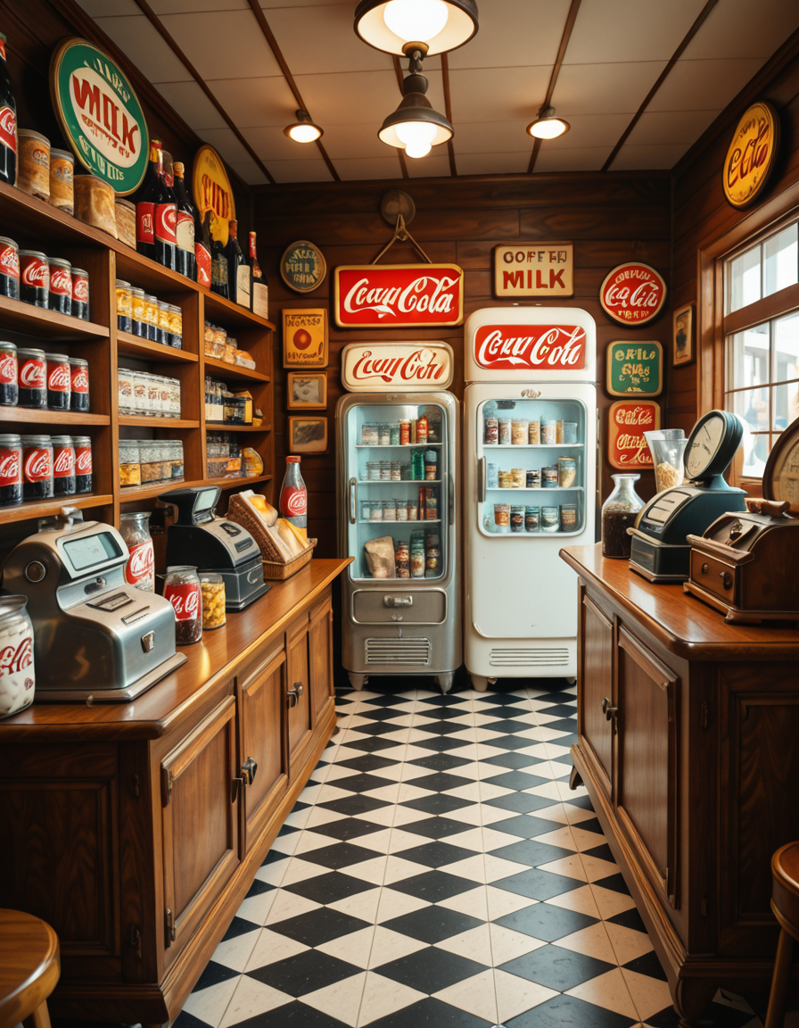 A vintage 1950s grocery store filled with nostalgic details. Wooden shelves neatly stocked with classic canned goods, glass soda bottles, and colorful retro packaging. An old-fashioned cash register sits on the wooden counter, next to a small scale for weighing produce. The checkered black-and-white tile floor adds to the mid-century charm, while hand-painted signs on the walls advertise milk, bread, and coffee in bold, retro fonts. A display of penny candy in glass jars sits near the entrance, and a vintage Coca-Cola refrigerator hums in the background. Soft, warm lighting casts a nostalgic glow over the scene, enhancing the rich textures of wood, glass, and metal, capturing the essence of a bygone era.
<lora:SDXLFaeTastic2400:0.4> <lora:extremely_detailed:0.4> extremely detailed
,1950s grocery st0r3, <lora:1950s_grocery_st0r3-i:1>, Masterpiece,best quality,hi res,8k,hi res,8k,award winning,(sharp focus, intricate, highly detailed),