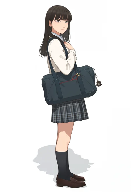 masterpiece, highres, absurdres, newest, very awa, 1girl, solo, school uniform, black hair, plaid skirt, shoes, school bag, white background, socks, simple background, full body, plaid, loafers, from side, looking at viewer, hand to own chest, <lora:girlsresidence>