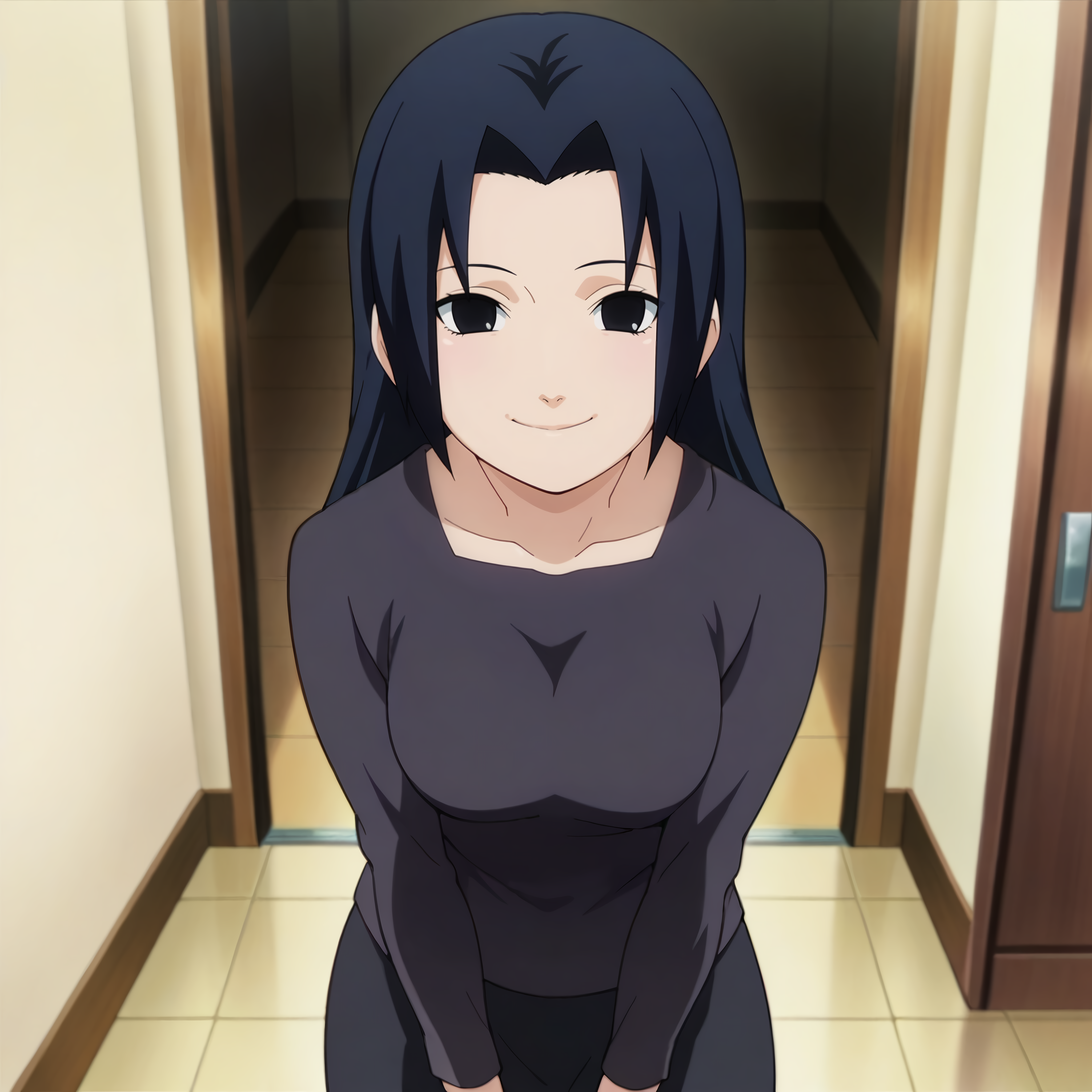 looking at viewer, standing, smile,solo,
, <lora:uchiha_mikoto_IL v1.11:0.9> umikoto, parted bangs, bangs, long hair, black hair, black eyes, medium breasts,
shirt, skirt, black shirt, black skirt, long sleeves, long skirt,
anime screencap, masterpiece, best quality,