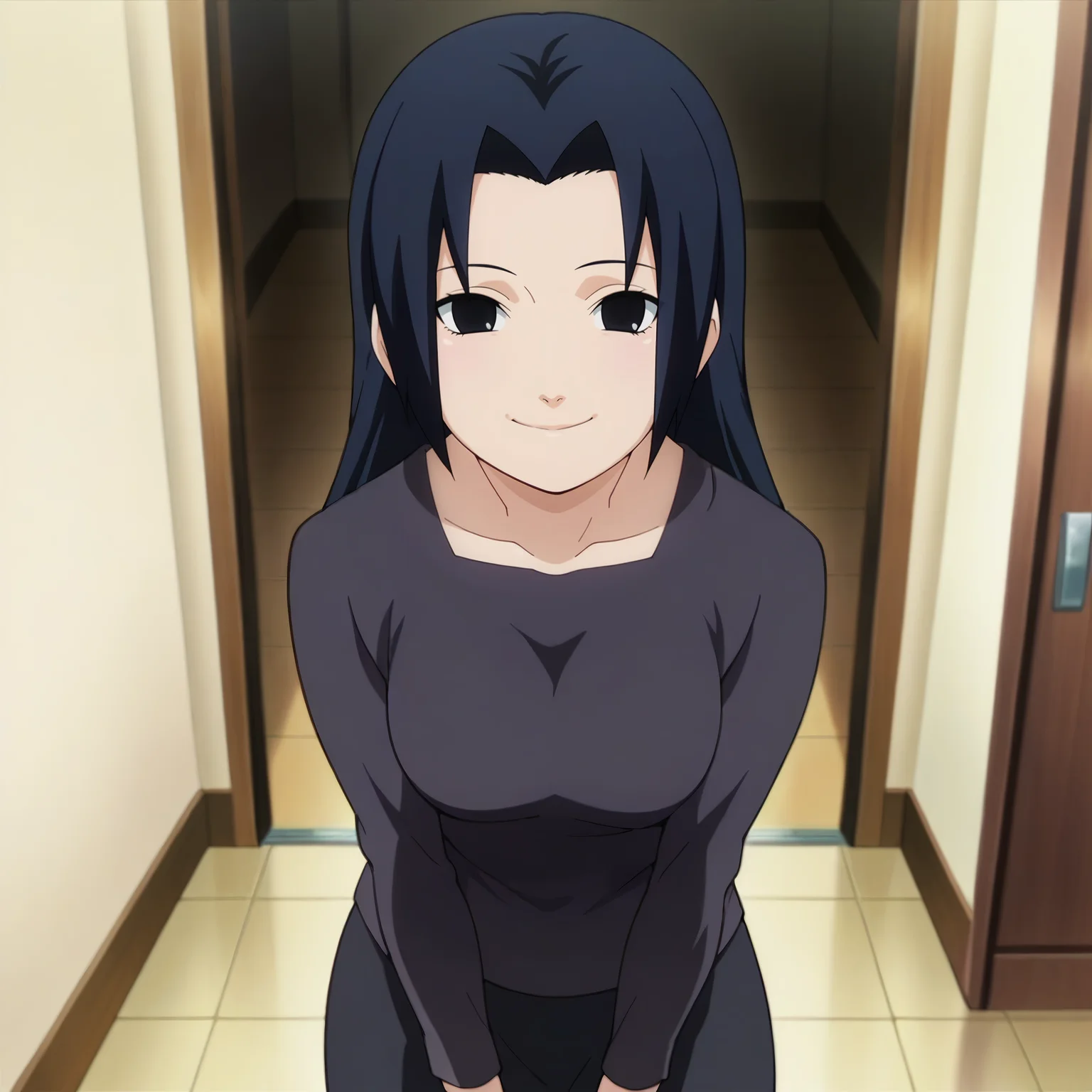 looking at viewer, standing, smile,solo,
, <lora:uchiha_mikoto_IL v1.11:0.9> umikoto, parted bangs, bangs, long hair, black hair, black eyes, medium breasts,
shirt, skirt, black shirt, black skirt, long sleeves, long skirt,
anime screencap, masterpiece, best quality,