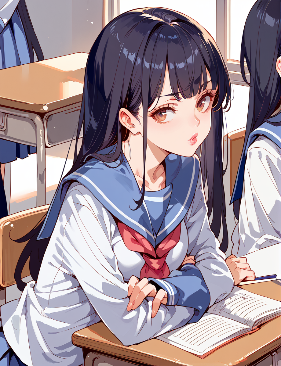 score_9, score_8_up, score_7_up, score_6_up,  <lora:nyuu_koubou:1>mishta, school uniform, , serafuku, long hair, hetero, desk, multiple girls, solo focus, lips