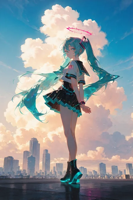 masterpiece,best quality,1girl, solo, long hair, looking at viewer, bangs, blue eyes, skirt, dress, twintails, very long hair, blue hair, standing, full body, sky, looking back, cloud, sailor collar, aqua hair, halo, arms behind back, building, city, cityscape, skyscraper, hatsune miku ,(artist:quasarcake:0.6),extreme aesthetic,masterpiece, best quality, backlight,high quality, (Tyndall Effect 1.4),extremely detailed, High Detail, vibrant colors, anime style, sky,cover art,(wanke:0.8),(watercolor \(tira 7:0.8),(lam (ramdayo):0.8),(mochizuki kei:0.8),extreme aesthetic,masterpiece,best quality,good quality,newest,very aesthetic,absurdres,Visual impact,32K UHD,colorful,sharp focus,<lora:Mistbloom:0.7>,<lora:FengliLee_IL_Style:0.3>,F3n6l1,<lora:MatteSkin_Illustrious_v4:1>,
